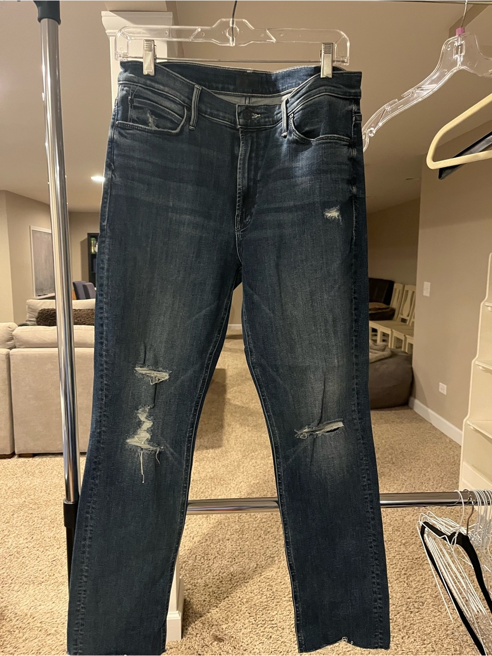 MOTHER the Mid Rise Dazzler Ankle Fray Dark Blue Slim Straight Distressed Jeans